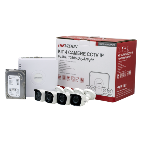 KIT 4 camere Bullet IP 2MP + NVR 4 canale, HDD 1TB - HIKVISION